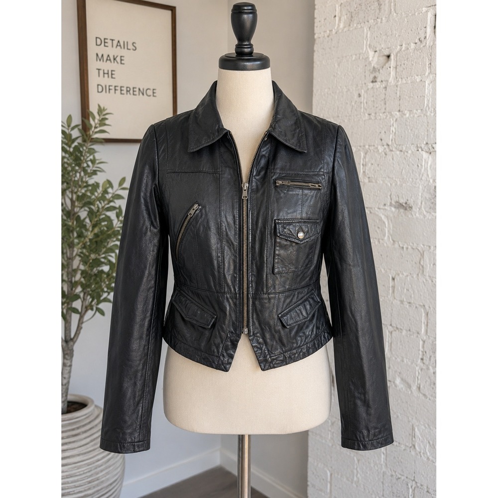 Black Rivet Genuine Leather Cropped Utility Large Jacket Y2K Moto | 100% Leather - Picture 2 of 16